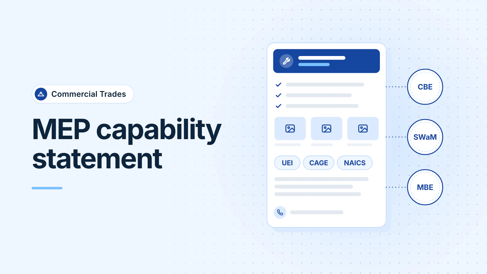 A one-page capability statement with blocks for competencies, past projects and company codes, and three certification badges beside it.
