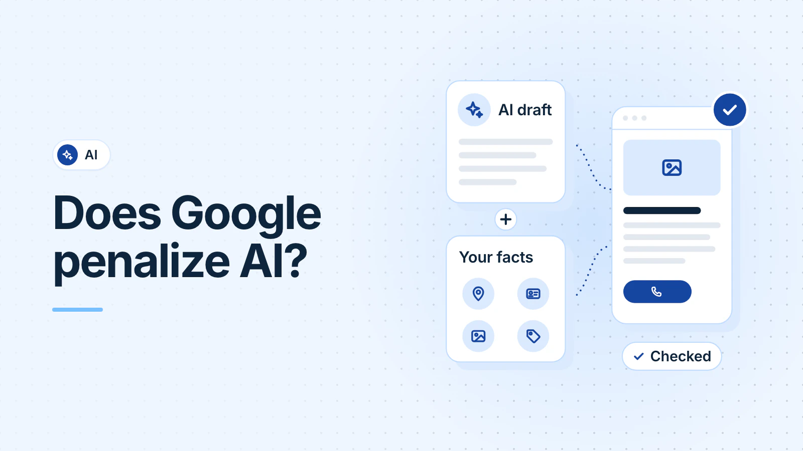 An AI draft plus your own facts (service area, license, photos and prices) combine into one website page, marked as checked before it goes live.