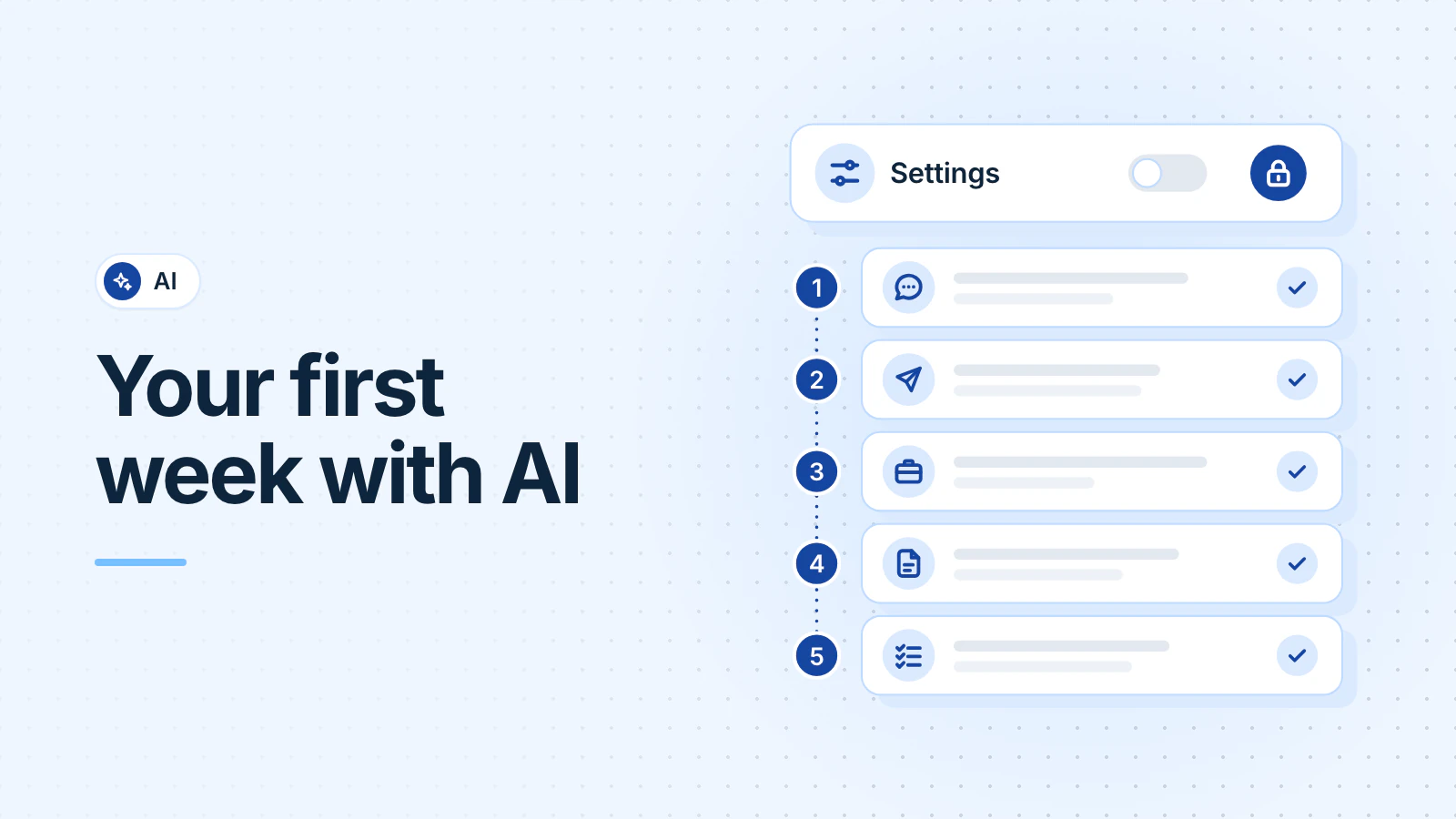 A first-week plan: a settings card with a switch turned off and a lock for two-step login, then five numbered task cards, one per day: a customer reply, a quote follow-up, a job post, a document summary and a checklist, each with a check mark.