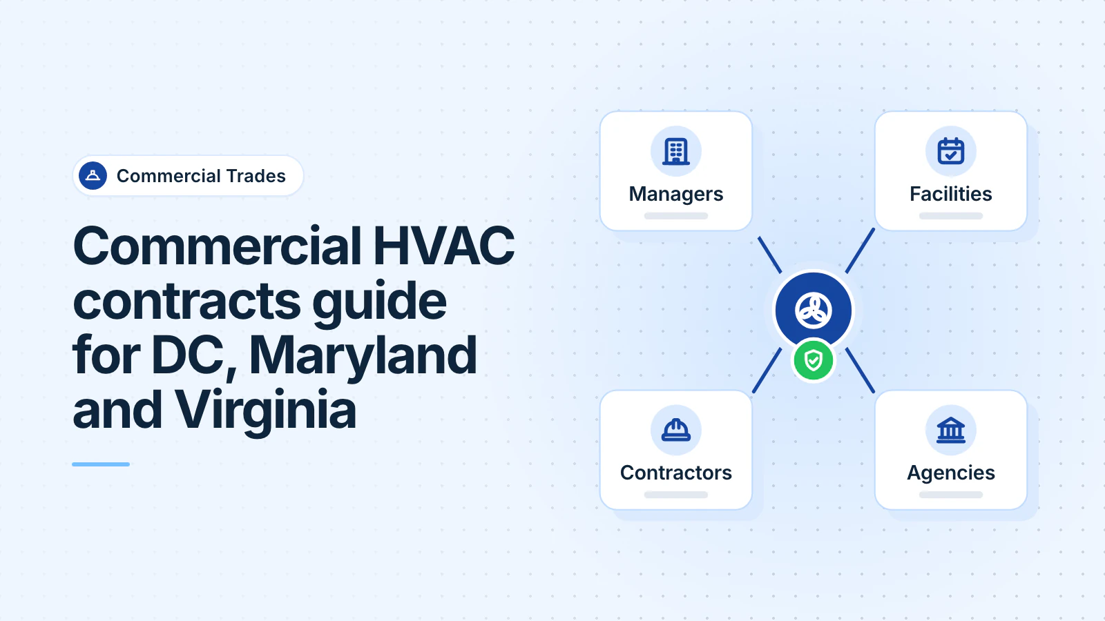 Property managers, facility teams, general contractors and public agencies connect to one HVAC company, which shows a shield for its licenses and insurance.
