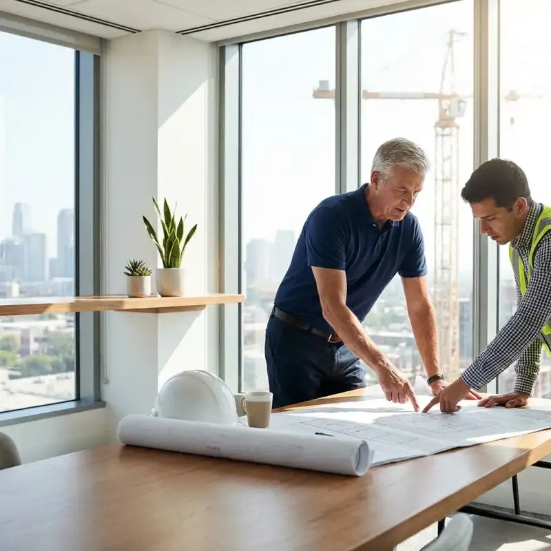 Construction business owner reviewing plans with project manager